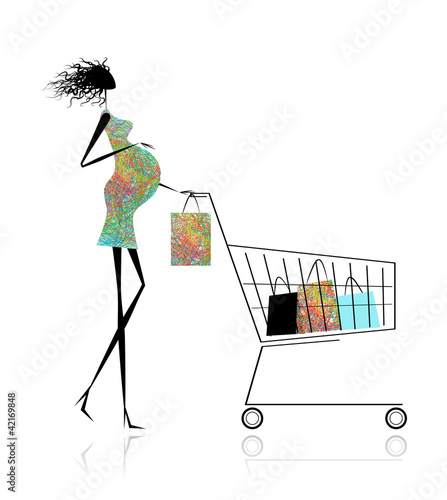 Pregnant woman with shopping bags for your design