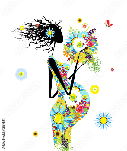 Pregnant woman with floral bouquet for your design