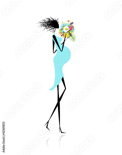 Pregnant woman with floral bouquet for your design