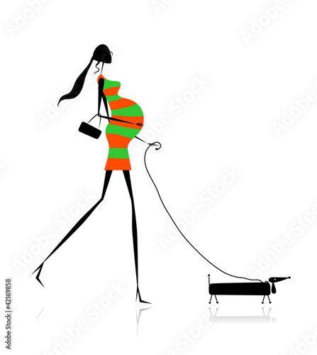 Pregnant woman walking with dog for your design