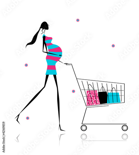 Pregnant woman with shopping bags for your design