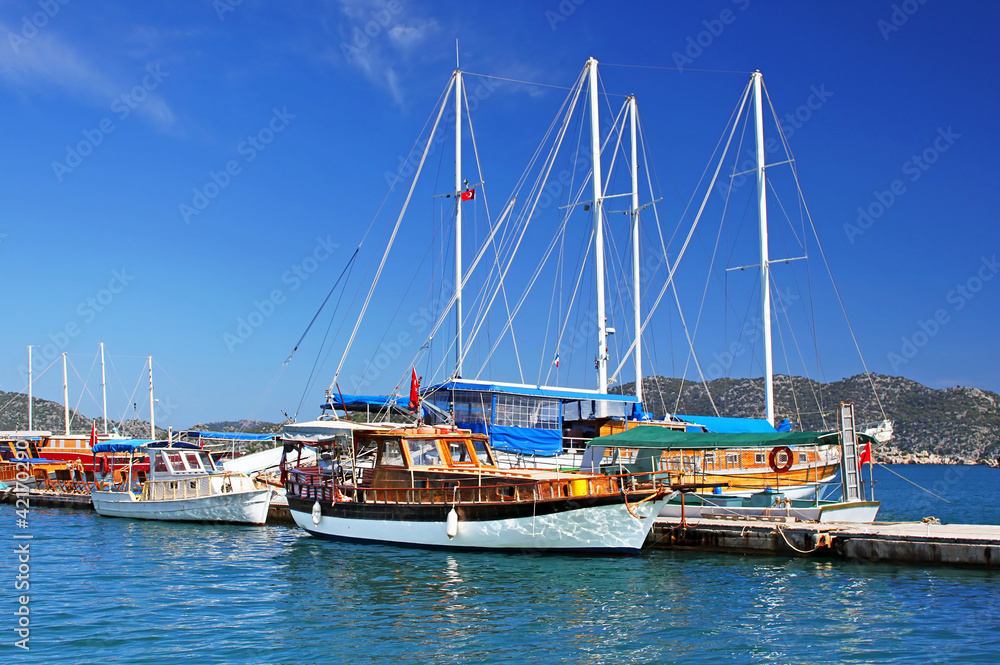 Moored yachts, near Kekova island, Turkey