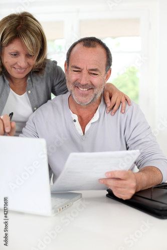 Senior couple at home declaring income on internet