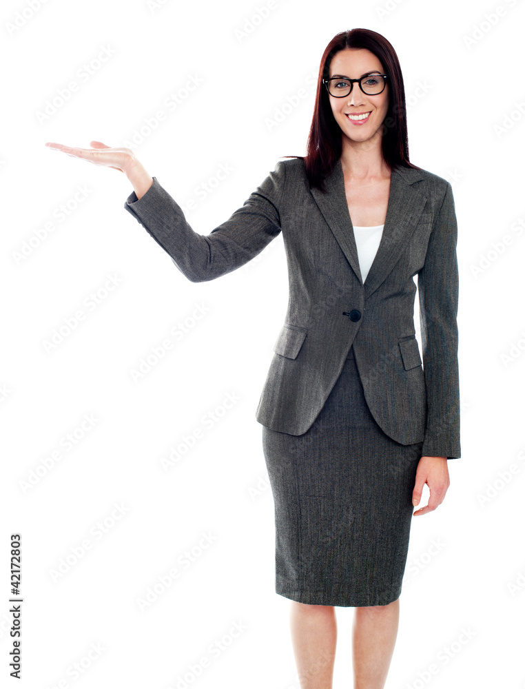 Isolated woman presenting copyspace Isolated woman presenting copyspace