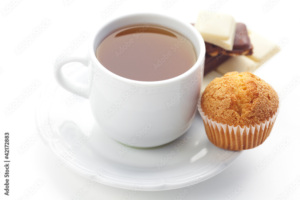 bar of chocolate,tea and muffin isolated on white bar of chocolate,tea and muffin isolated on white