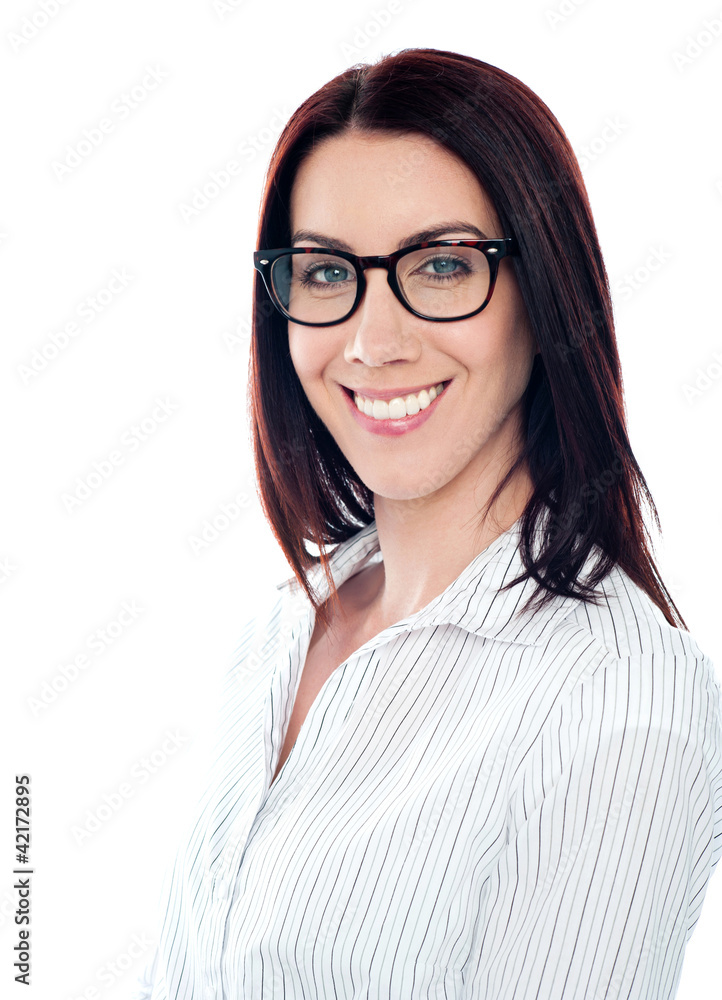 Smiling business lady in eyeglasses, closeup shot Smiling business lady in eyeglasses, closeup shot