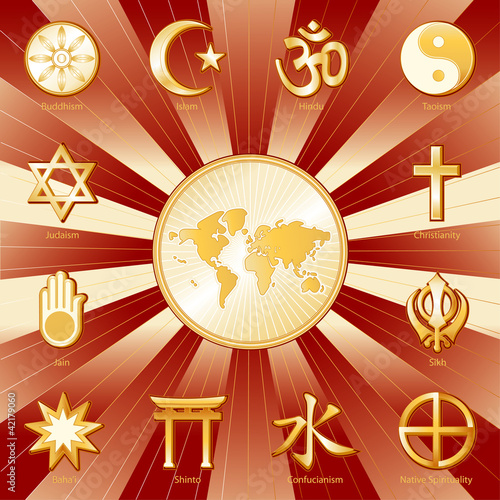One World, Many Faiths, 12 world religion symbols, labels, map