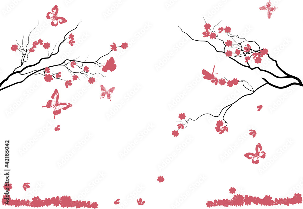 Fototapeta premium butterflies and pink flowers on tree