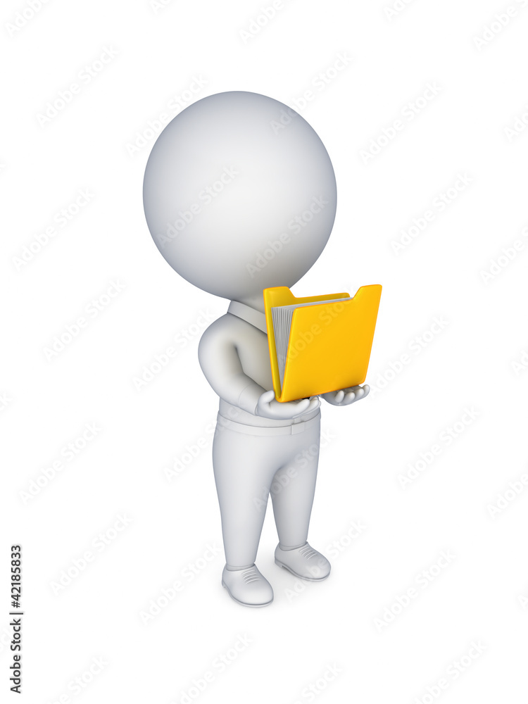 3d small person with a yellow folder in a hands. 3d small person with a yellow folder in a hands.