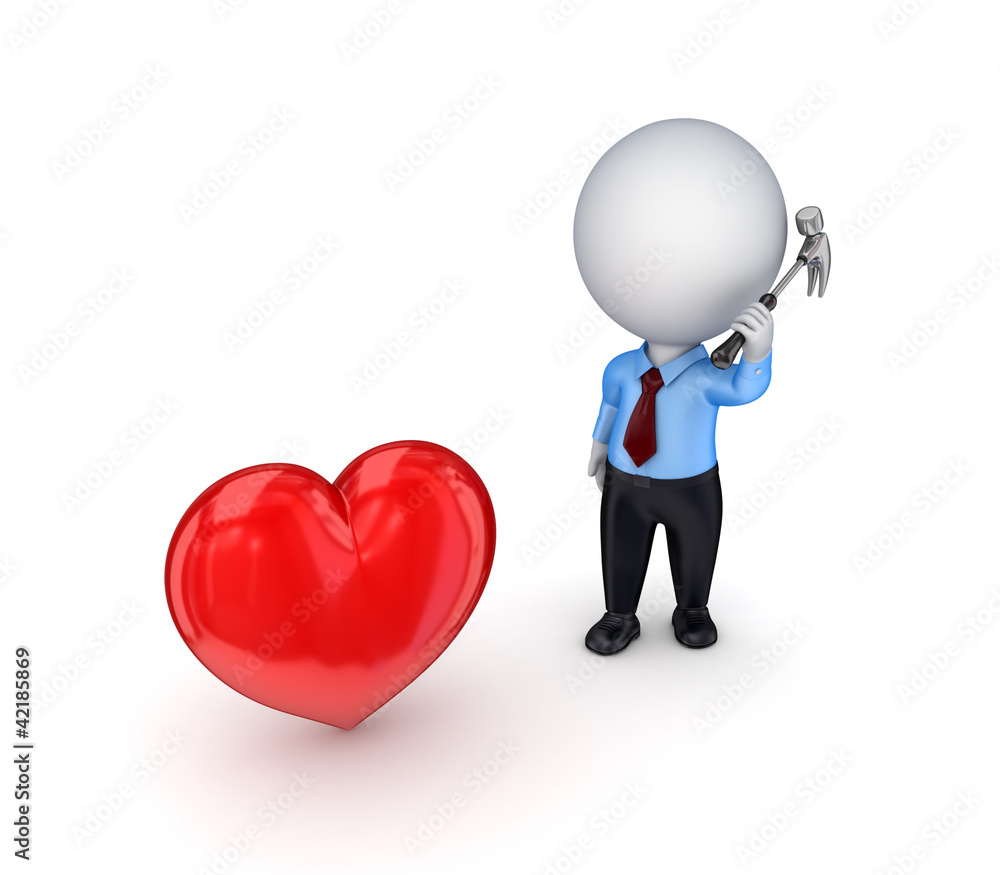 3d small person with a hammer and red heart. 3d small person with a hammer and red heart.