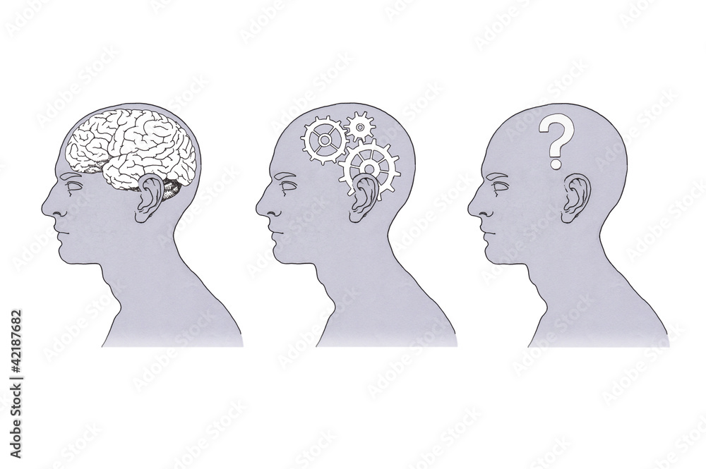 Kopf in Profile mit Zahnrädern, Gehirn und Fragezeichen Kopf in Profile mit Zahnrädern, Gehirn und Fragezeichen