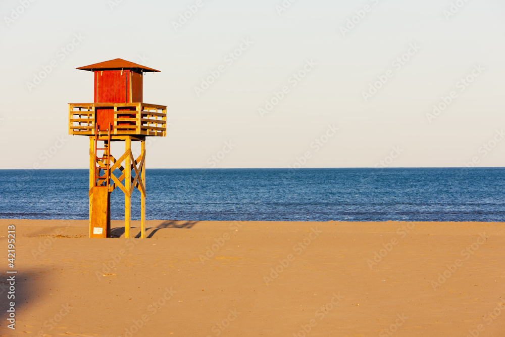 lifeguard cabin on the beach in Narbonne Plage, Languedoc-Roussi lifeguard cabin on the beach in Narbonne Plage, Languedoc-Roussi