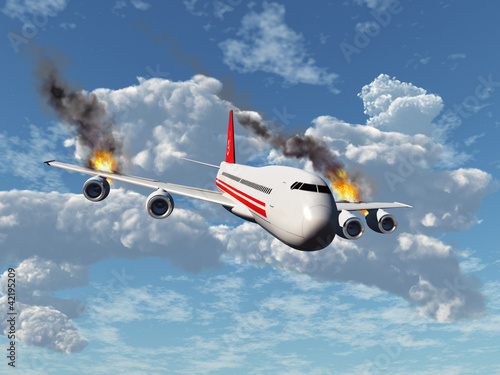 Avión con los motores incendiados