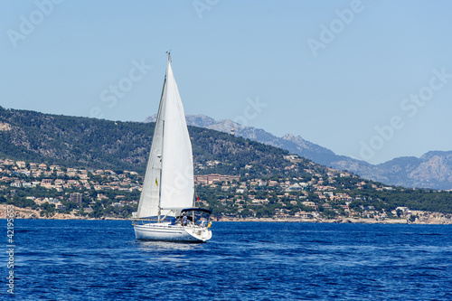 Sailing yacht going by her sails. Mallorca island trip.