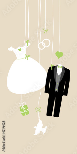 Card Hanging Wedding Symbols Green Beige Background