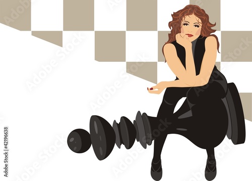Beautiful woman sitting on the black king chess