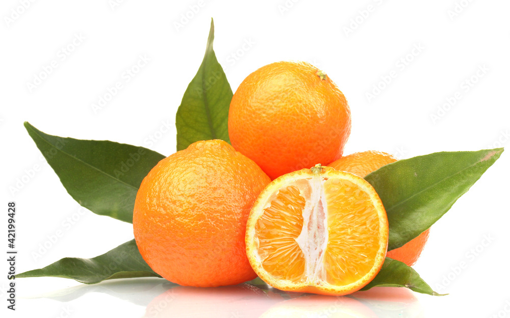 Ripe tasty tangerines with leaves and segments isolated on Ripe tasty tangerines with leaves and segments isolated on