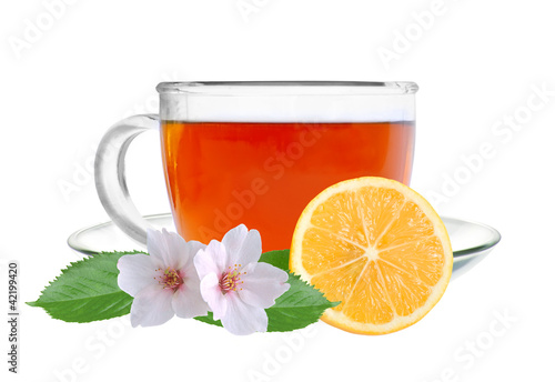 Glass cup tea with lemon and jasmine flowers isolated on a white