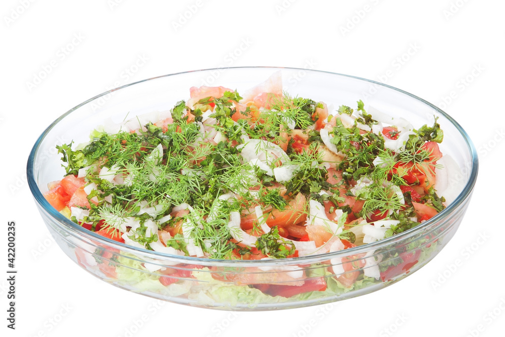 Vegetable salad in a glass dish. Vegetable salad in a glass dish.