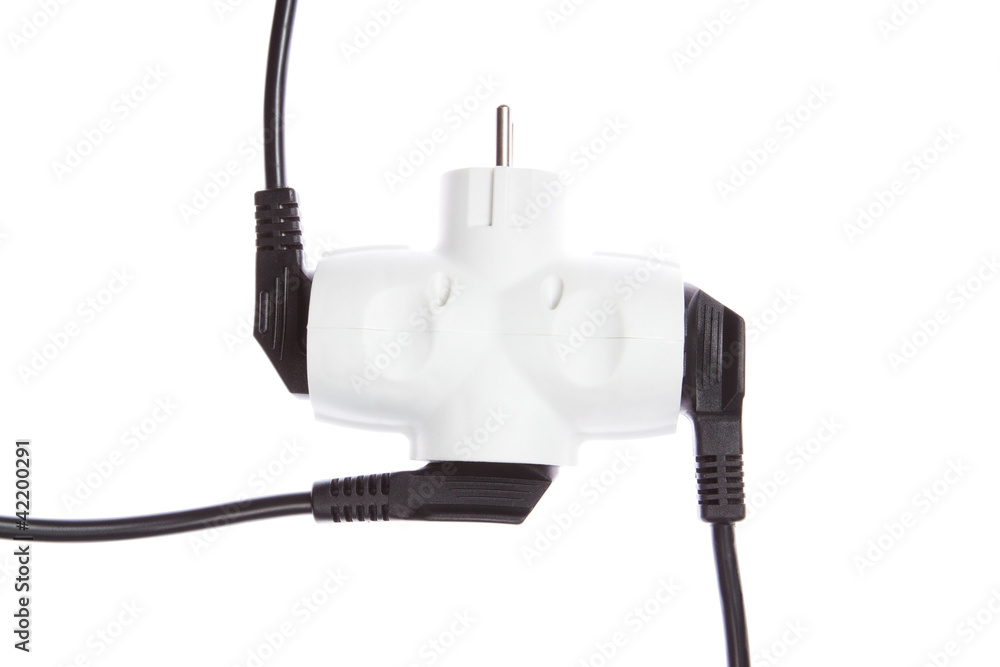 The wires are connected to an electric tee.On a white background The wires are connected to an electric tee.On a white background