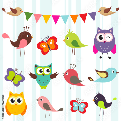 set of cute birds and butterflies