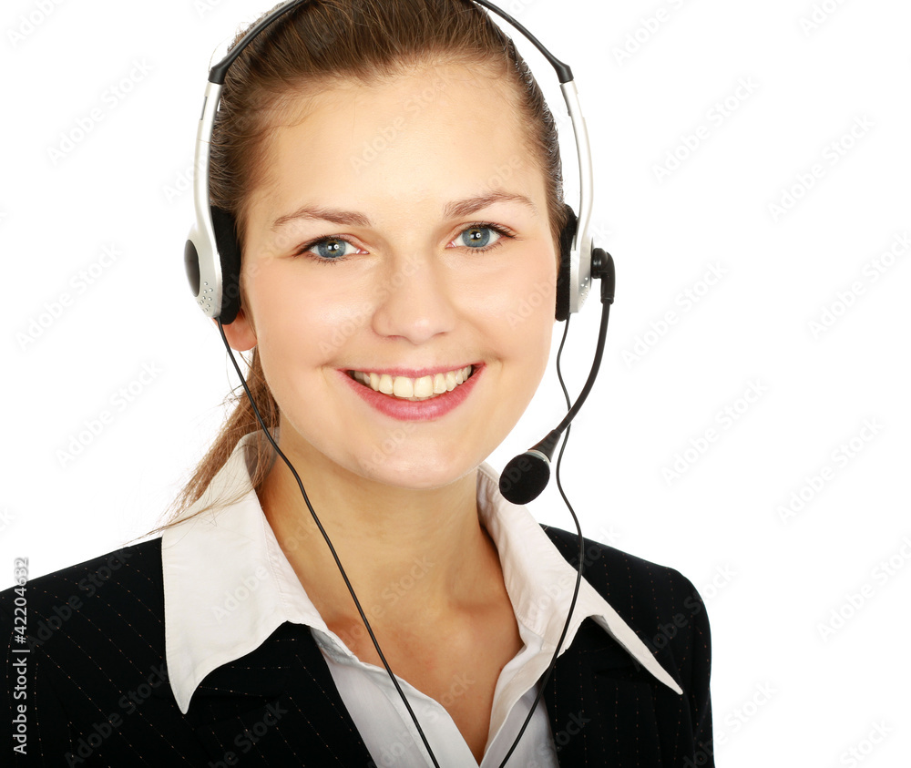 Young beautiful woman with headset isolated on white background Young beautiful woman with headset isolated on white background