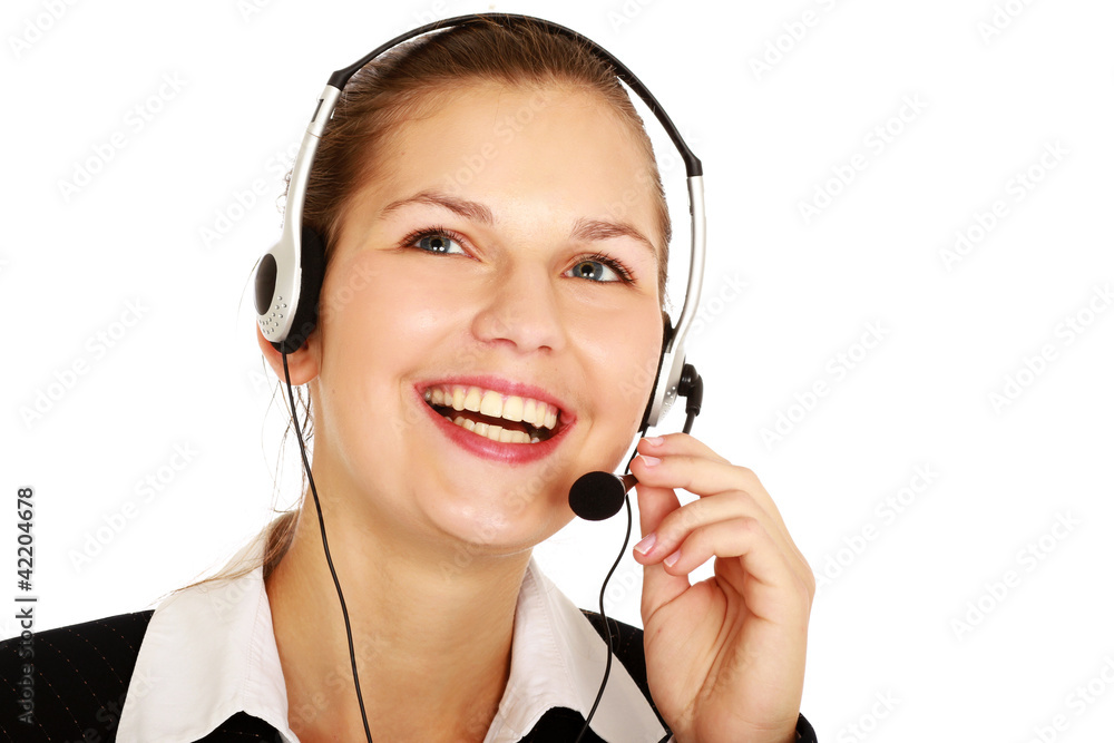 Young beautiful woman with headset isolated on white background Young beautiful woman with headset isolated on white background
