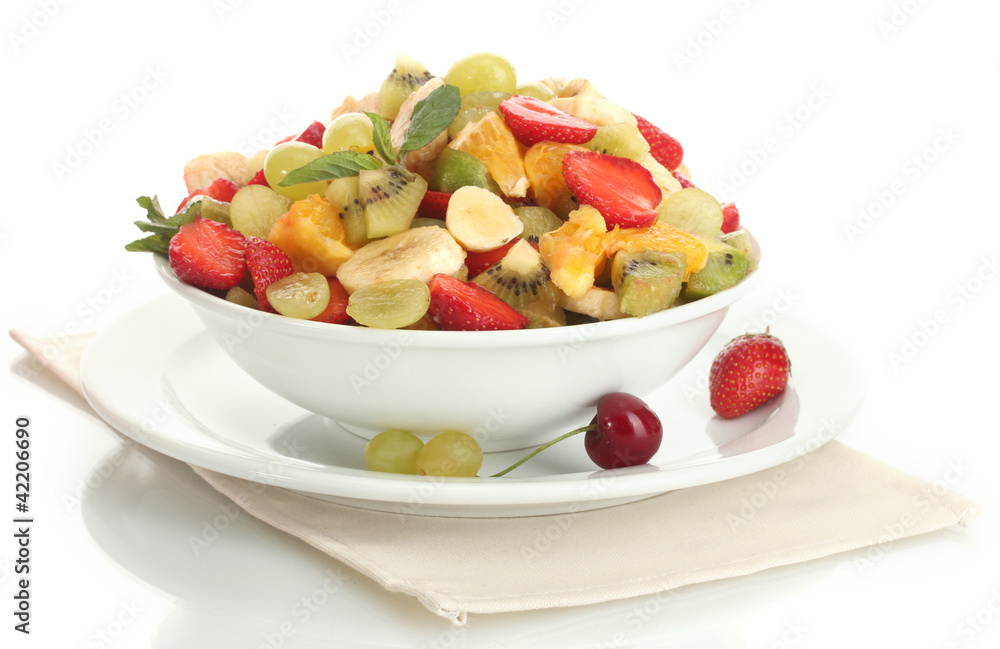 bowl with fresh fruits salad and berries isolated on white bowl with fresh fruits salad and berries isolated on white
