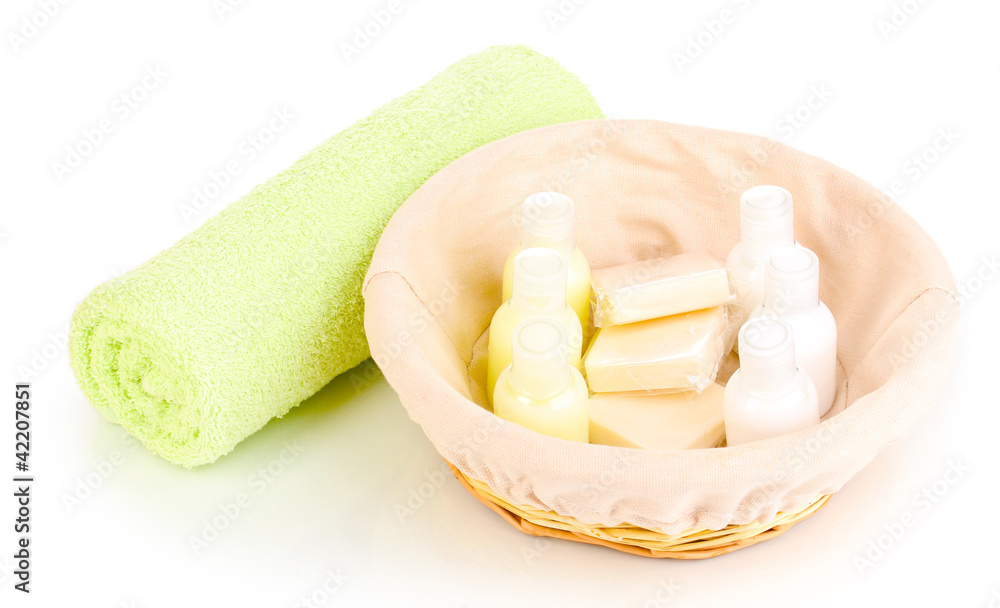 Hotel amenities kit in basket isolated on white Hotel amenities kit in basket isolated on white