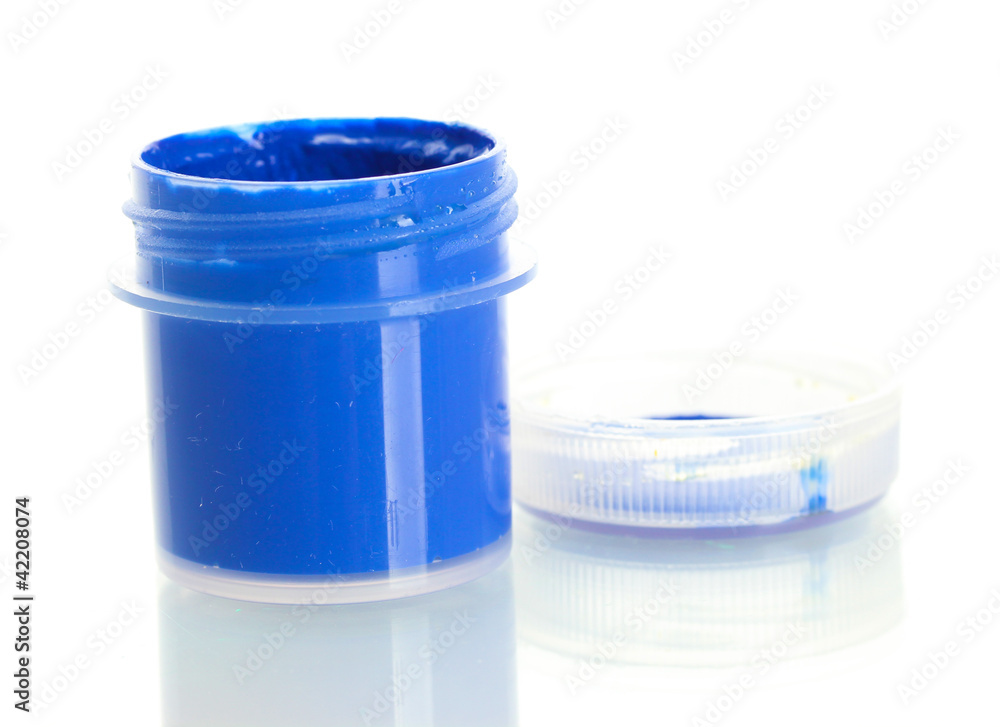 jar with blue gouache isolated on white background close-up jar with blue gouache isolated on white background close-up