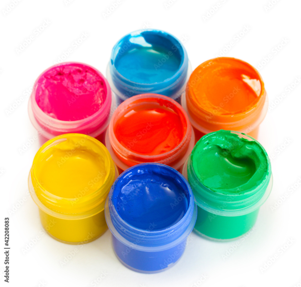 jars with multicolored gouache isolated on white background jars with multicolored gouache isolated on white background