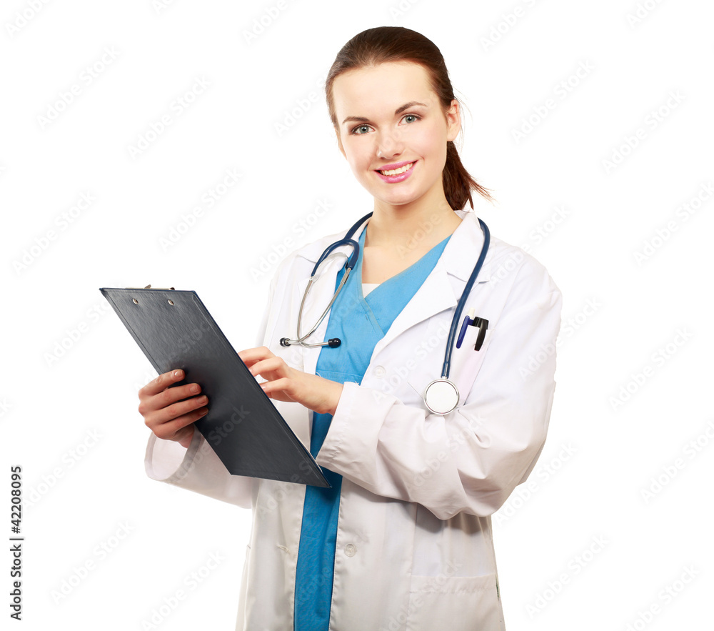 Smiling young doctor in white coat standing Smiling young doctor in white coat standing