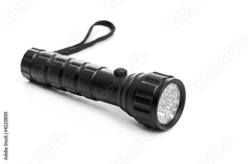 LED flashlight switched on, isolated on white