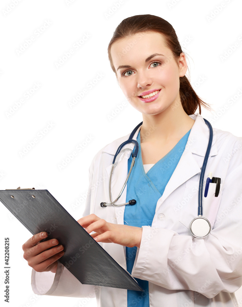 Smiling young doctor in white coat standing Smiling young doctor in white coat standing