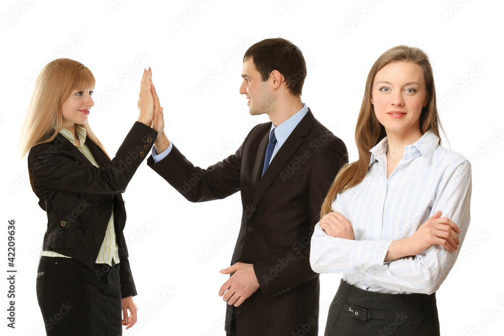 Closeup portrait of business people giving high five Closeup portrait of business people giving high five