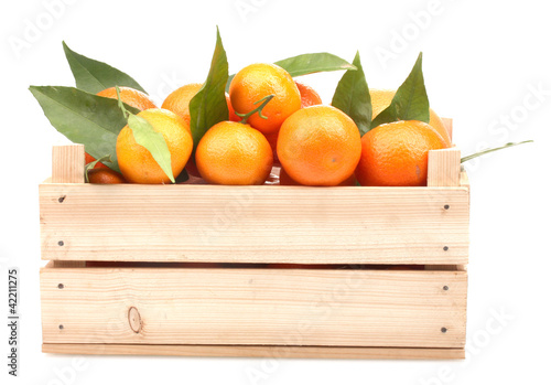 Ripe tasty tangerines with leaves in wooden box isolated