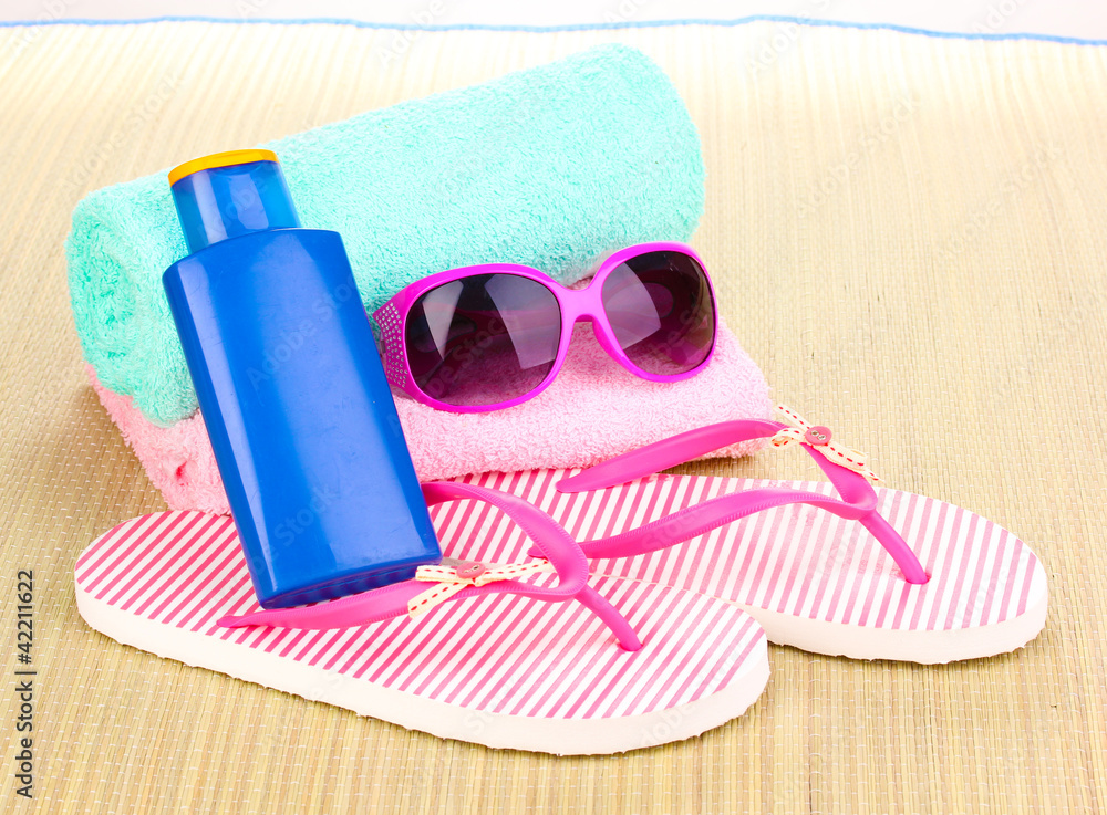 Beach accessories on mat Beach accessories on mat