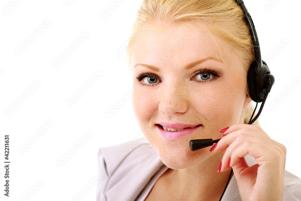 Young beautiful woman with headset isolated on white background Young beautiful woman with headset isolated on white background