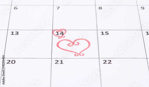Calendar page with hearts on St.Valentines Day