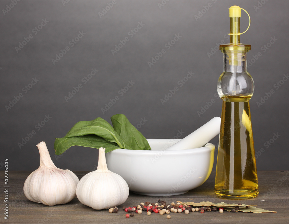 ingredients and spice on wooden table on grey background ingredients and spice on wooden table on grey background