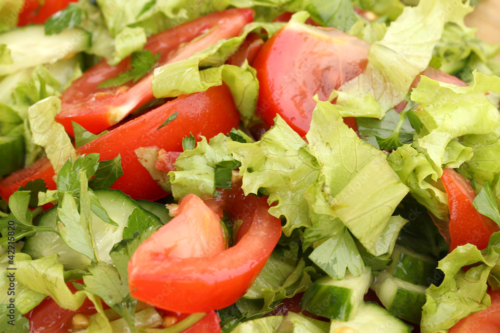 Fresh salad with tomatoes and cucumbers close-up Fresh salad with tomatoes and cucumbers close-up