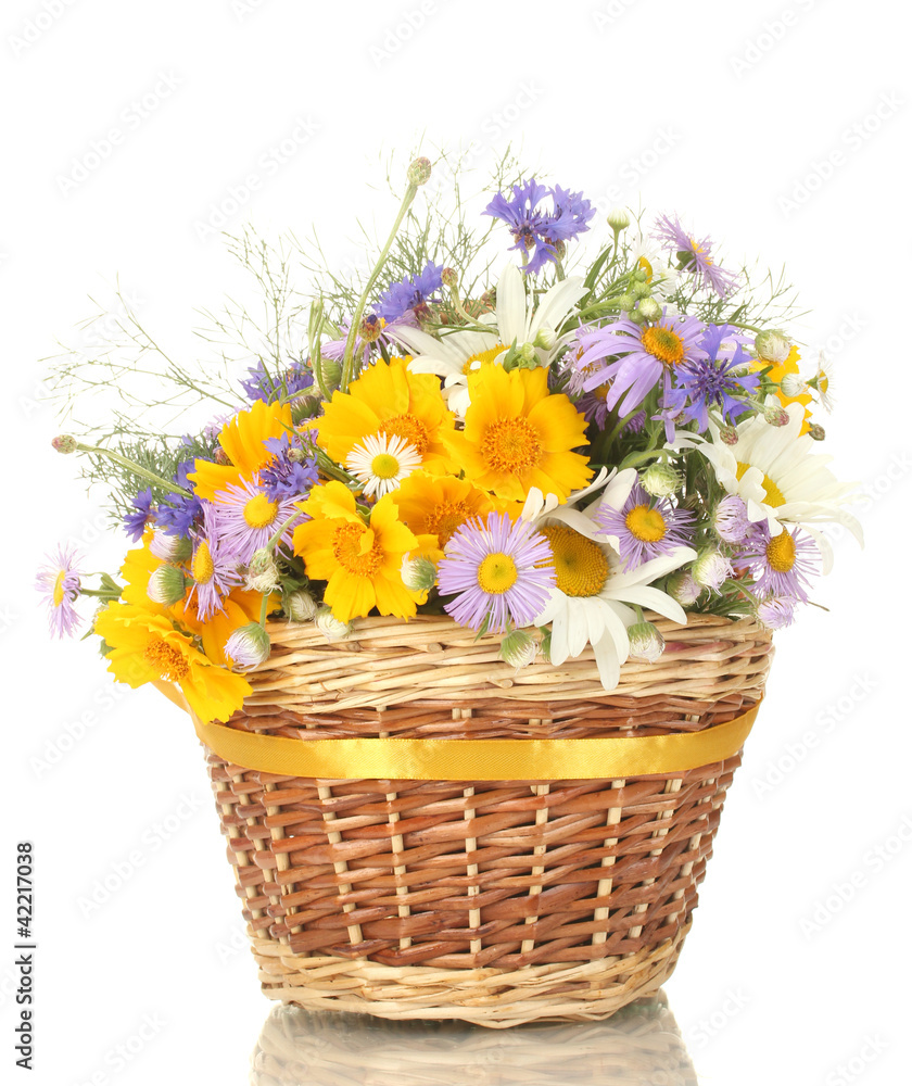 bouquet of wildflowers in basket isolated on white