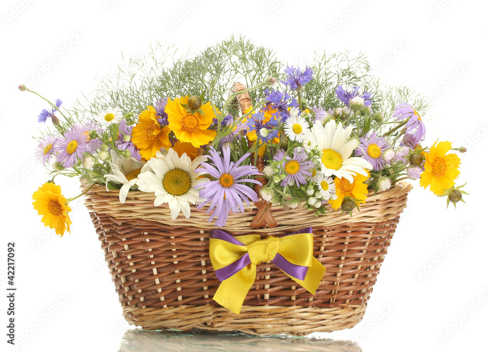 bouquet of wildflowers in basket isolated on white
