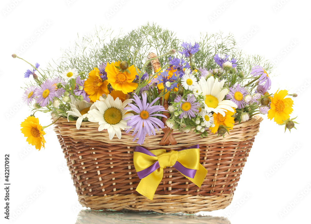 bouquet of wildflowers in basket isolated on white bouquet of wildflowers in basket isolated on white