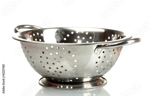 empty silver colander isolated on white