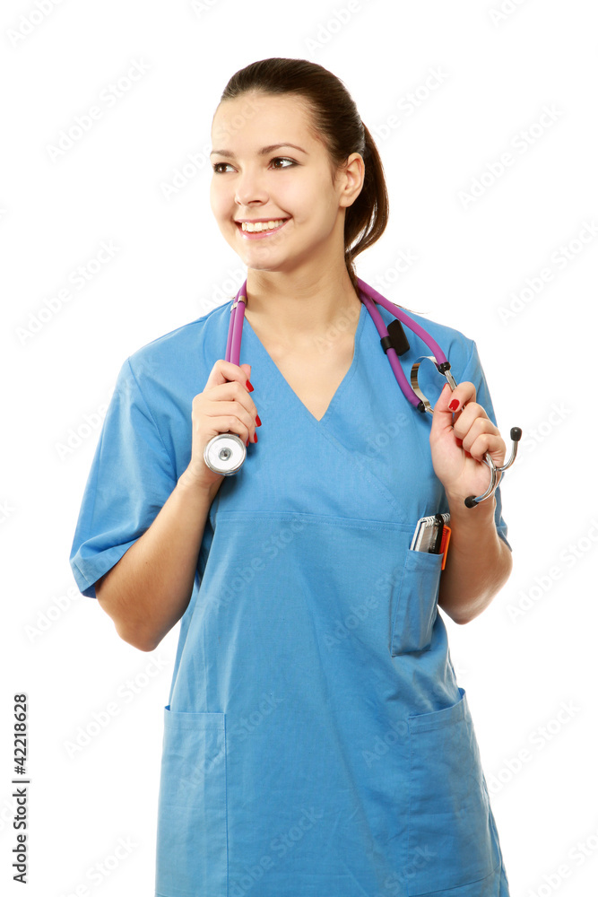 Friendly nurse with stethoscope isolated over white background. Friendly nurse with stethoscope isolated over white background.
