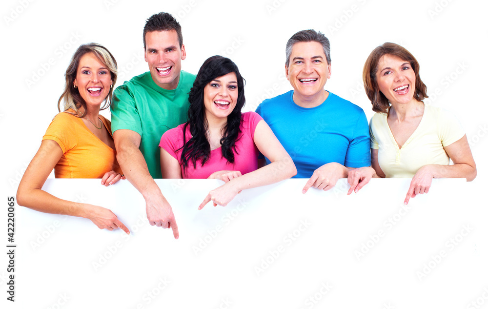 Group of happy people with banner. Group of happy people with banner.