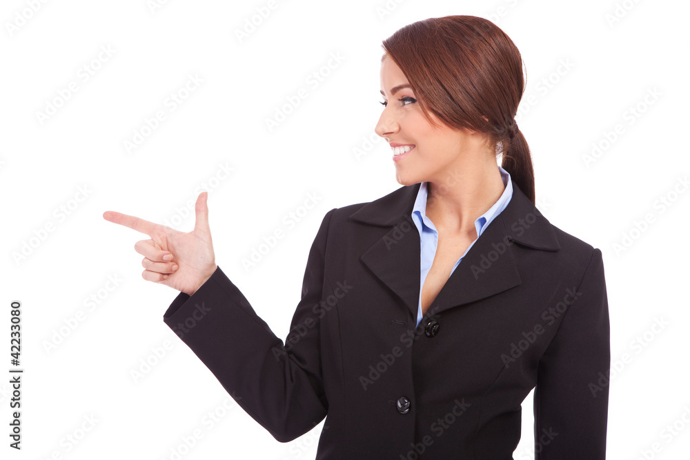 woman pointing at something interesting to her side woman pointing at something interesting to her side