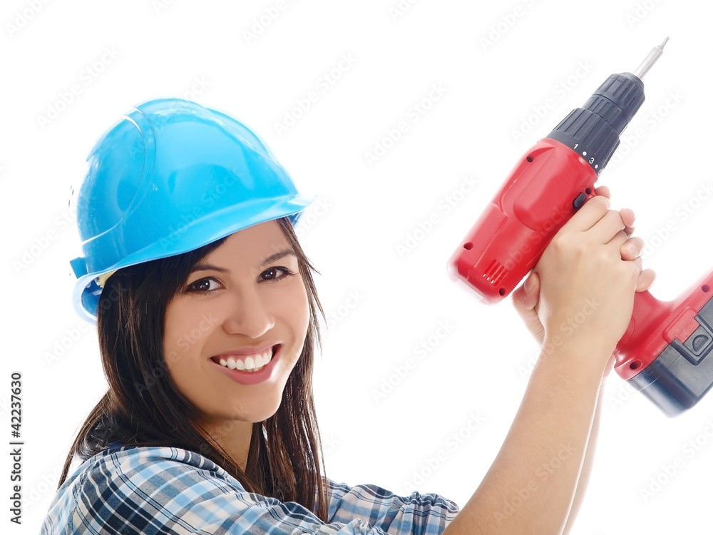 smiling girl with a drill smiling girl with a drill