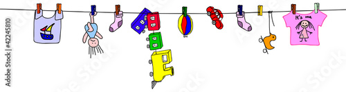 Childish drawing of washed toys and baby clothes drying on rope
